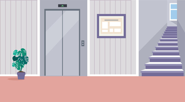 Elevator Hallway. Apartment Elevator Lobby with Notice Board, and Staircase. A residential corridor. The interior of the 1st floor. Vector illustration of the interior of a room, corridor or hallway f