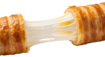 A goldenbrown pastry roll is pulled apart, revealing a long, stretchy string of melted cheese, isolated on transparent background