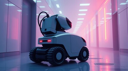 Robot in futuristic corridor.