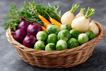 Fresh vegetables in woven basket delivering healthy produce