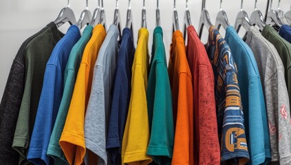 A vibrant collection of assorted casual shirts and sweaters neatly arranged on hangers in a closet