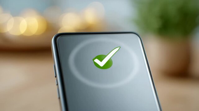 Smartphone screen with green check mark icon for approval, success, verification, and confirmation, finger touching mobile device touchscreen, digital technology, positive feedback, user interface