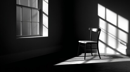 Single elegant chair by a window, sunlight streaming in casting long, delicate shadows, simple yet powerful minimalist design
