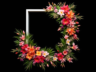 Flat lay of colorful flowers and tropical leaves arranged around a white rectangular frame on a black background. Vibrant, dramatic, artistic floral design with strong contrast.