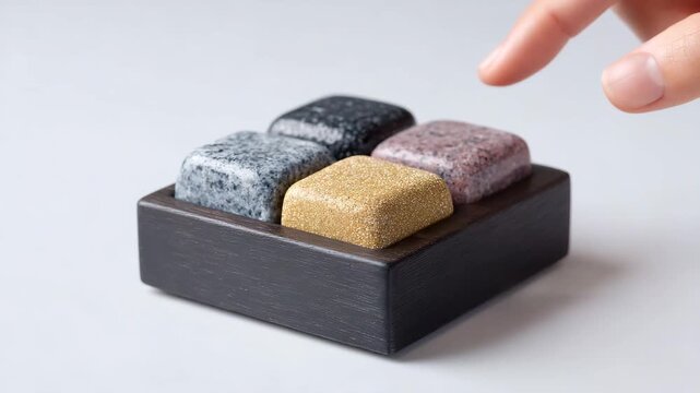 Four stone keycap set in gray, black, gold, and pink on dark wooden base, hand reaching to tactile granite marble quartz buttons, minimalist modern design, smooth texture, creative concept