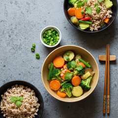 Asian vegetable soup with brown rice, broccoli, carrots, zucchini, green beans, and herbs, healthy vegan lunch or dinner, detox meal concept, clean eating, wellness food photography, top view
