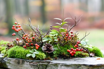 Autumn natural composition featuring red berries and moss