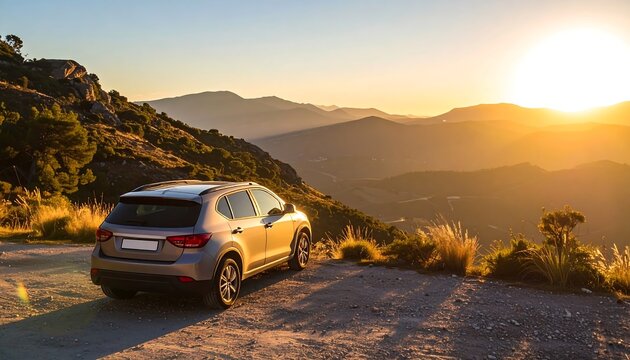 Silver SUV parked on a mountain road at sunset with golden light illuminating the landscape.