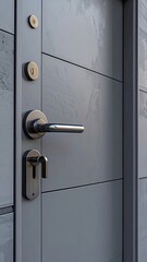 Obraz premium Close Up of Grey Door with Steel Handle and Lock in Modern Minimalist Style Architecture with Natural Lighting and Horizontal Paneling Detail