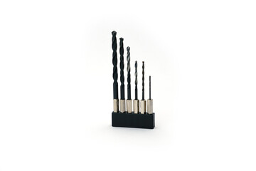 Drill Bit Set in Plastic Holder on White Background