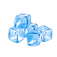 Composition of ice cubes, hand-drawn with pencils, on a white background. Children's illustration of transparent cubes of frozen water with colored pencils. Frozen water. Cold. Clipart.