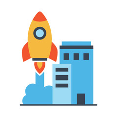Rocket launching from behind modern buildings.