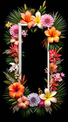 Flat lay of colorful flowers and tropical leaves arranged around a white rectangular frame on a black background. Vibrant, dramatic, artistic floral design with strong contrast.