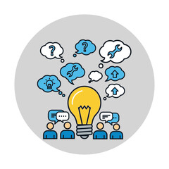 Lightbulb with thought bubbles above people discussing ideas.
