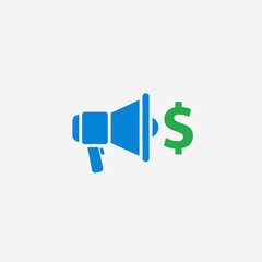 Blue megaphone with green dollar sign symbol on white background.