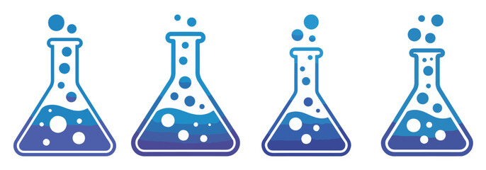 A set of four Erlenmeyer flasks filled with a bubbling blue liquid, illustrating a chemical reaction or experiment.