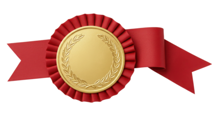 Golden award rosette with red ribbon isolated PNG with Transparent Background