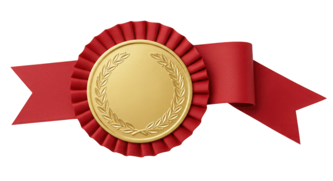 Golden award rosette with red ribbon isolated PNG with Transparent Background