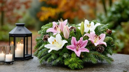 Memorial flower arrangement with lilies, candles, and autumn leaves