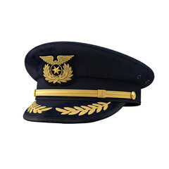 A close-up image showcasing an elegant pilot cap with intricate golden embellishments, isolated on transparent background