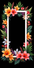 Flat lay of colorful flowers and tropical leaves arranged around a white rectangular frame on a black background. Vibrant, dramatic, artistic floral design with strong contrast.