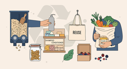 Sustainable living concept with zero waste shopping and reusable items
