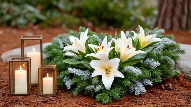 White lilies and candles for memorial service