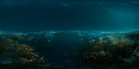Fototapeta premium Glistening underwater nightscape ocean depths hdr panorama ethereal environment