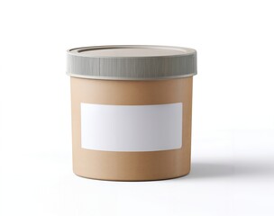 Kraft paper round container with plastic screwtop lid blank white label cylindrical packaging mockup studio lighting on white background product photo