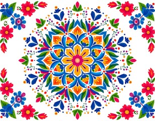 Vibrant floral mandala with bold colors and symmetrical design