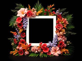 Flat lay of colorful flowers and tropical leaves arranged around a white rectangular frame on a black background. Vibrant, dramatic, artistic floral design with strong contrast.