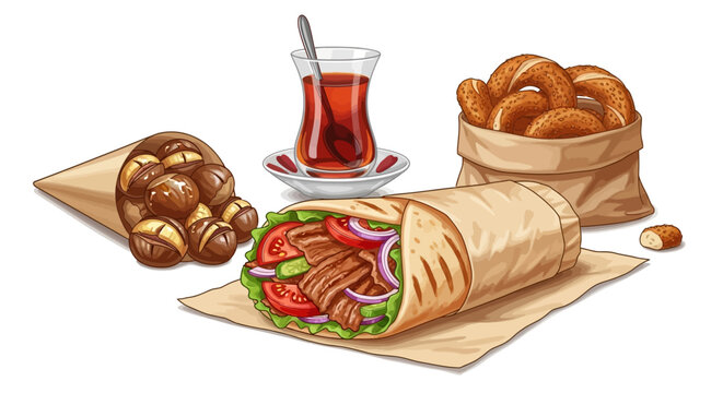 turkish food: kebab, tea, simit, chestnuts clip art preview