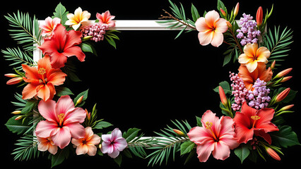 Flat lay of colorful flowers and tropical leaves arranged around a white rectangular frame on a black background. Vibrant, dramatic, artistic floral design with strong contrast.