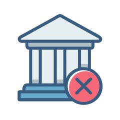 Bank building icon with cancel symbol on black background