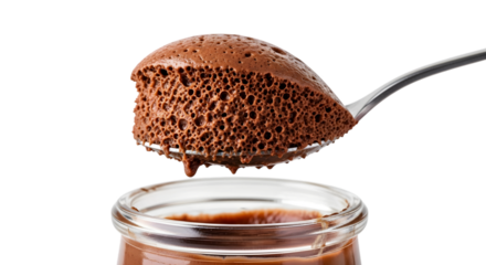 A spoonful of rich chocolate mousse dessert isolated on transparent background, ready to be enjoyed