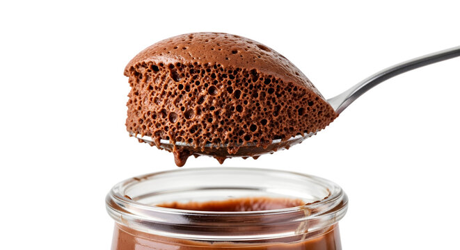 A spoonful of rich chocolate mousse dessert isolated on transparent background, ready to be enjoyed