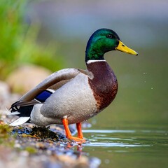 Male mallard by water