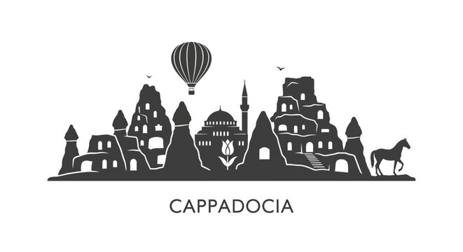 Iconic Cappadocia Turkey silhouette with hot air balloons and unique rock formations vector art