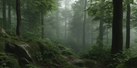 Fototapeta premium Misty forest exploration nature hdr panorama serene environment tranquil viewpoint