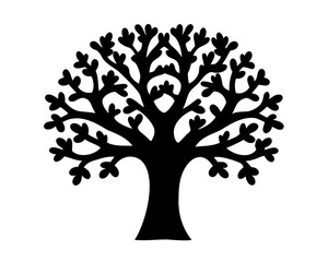 Silhouette of a whimsical and stylized tree with rounded leaves, black on white