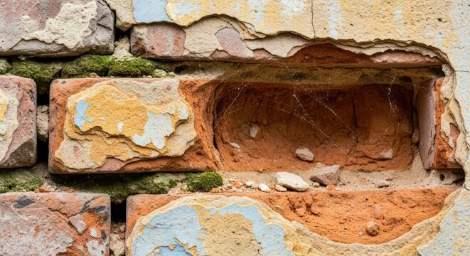 Old brick wall fragment with missing brick, detail of weathered facade