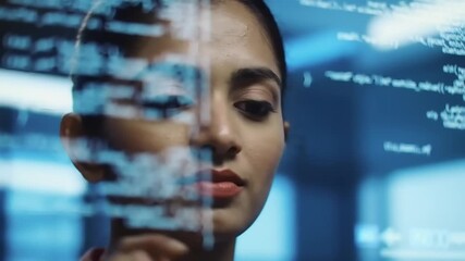 Woman interacts with virtual interface representing digital information - Powered by Adobe