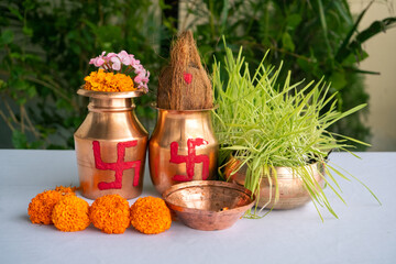 Ghatasthapana, the first day of Dashain in Nepal, where barley seeds are planted in sacred soil to grow Jamara for the Hindu festival with puja ritual utensils