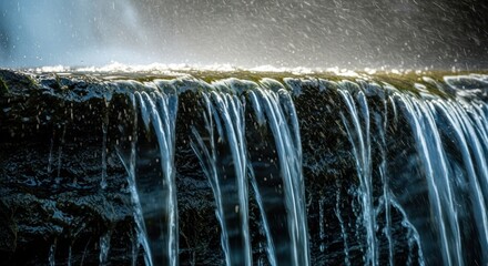 Waterfall cascading over rocky ledge with sunlight and mist behind