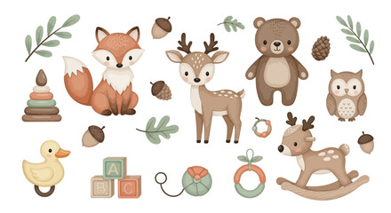 Fototapeta premium Cute Woodland Animals and Baby Toys Illustration