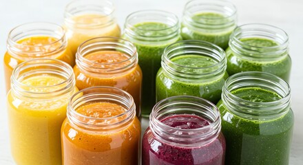 Assorted fruit and vegetable juices in glass jars