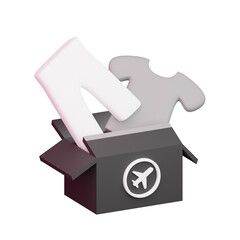 Clothing in Cardboard Box 3D Render on Transparent Background Featuring Plane Icon Gray White Apparel