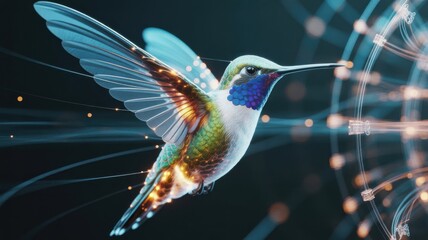 Futuristic hummingbird with glowing digital wings and network connections