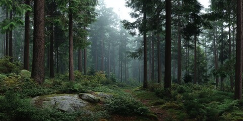 Misty forest landscape nature hdr panoramic view serene environment