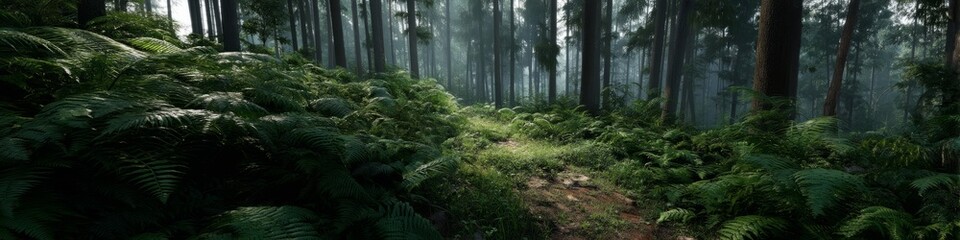 Fototapeta premium Serene forest trail nature panorama hdr view of lush green environment